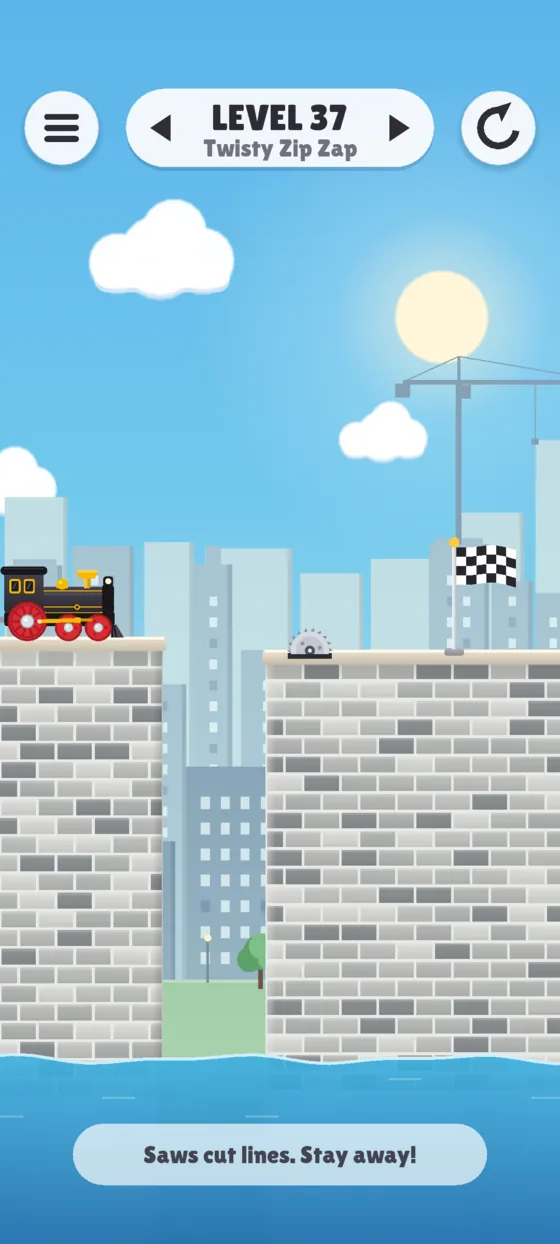 City world: brick pillars, tall buildings, a crane, and a saw in the gap.