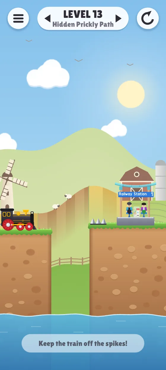 Farm world: a windmill, a barn, sheep, and spikes on the far cliff.