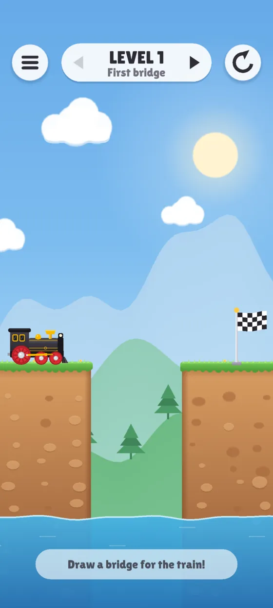 Level 1: the train waits on a cliff, a gap, and the flag on the other side.