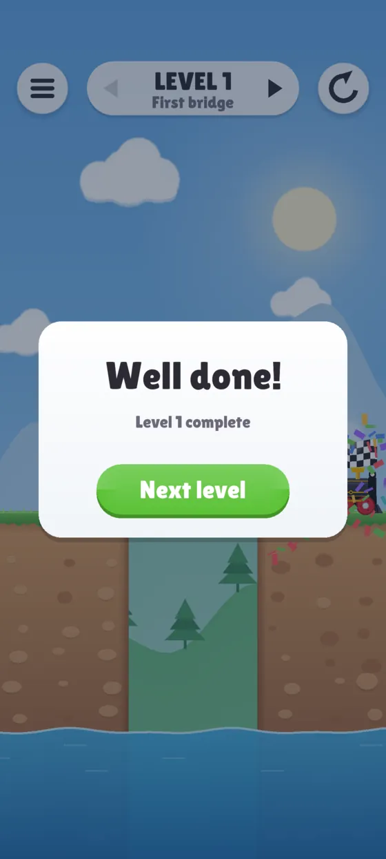 The Well done card: level 1 complete, with a Next level button.
