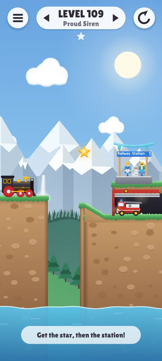 Mountains world: snowy peaks, pine trees, and a fire truck by the flag.