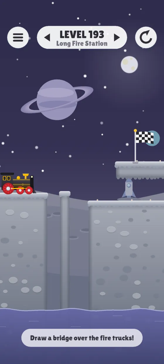 Space world: a dark sky with stars, a ringed planet, and grey rock.