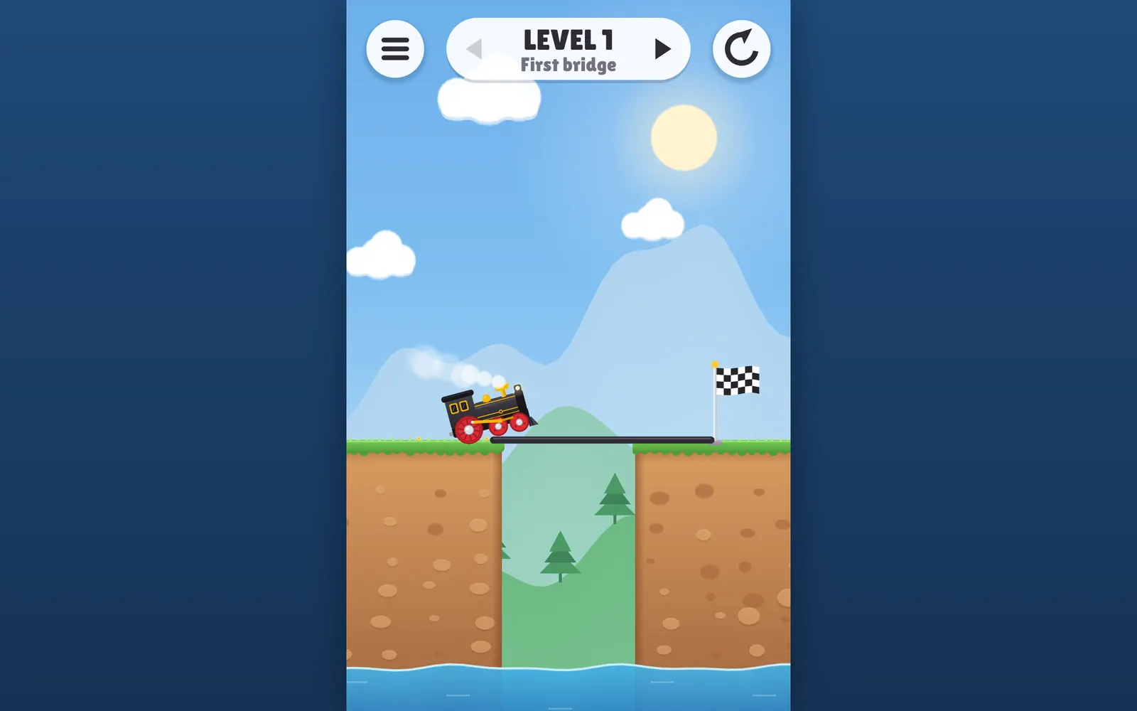 Draw Bridge in a web browser: on level 1 the train drives over a drawn line towards the flag.