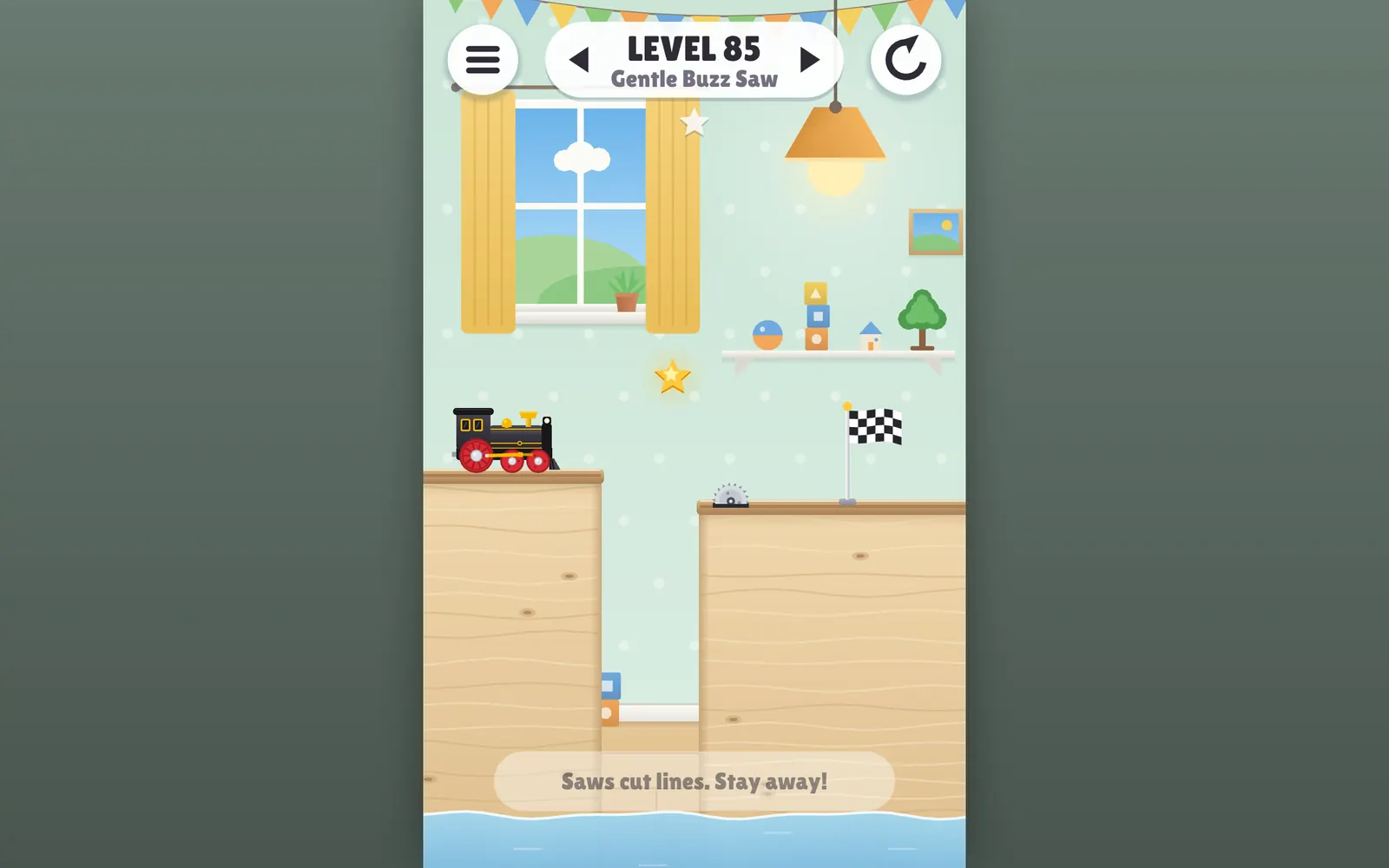 Draw Bridge in a web browser: the Toy room world, level 85, with a saw between the cliffs.